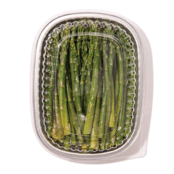 Longo&rsquo;s seasoned asparagus in ready-to-heat container, fresh green vegetable side dish prepared for quick and convenient meals